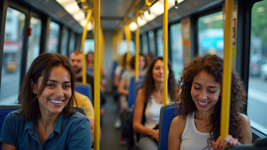 Pessoas sorrindo usando transporte público eficiente em uma metrópole brasileira vibrante.
