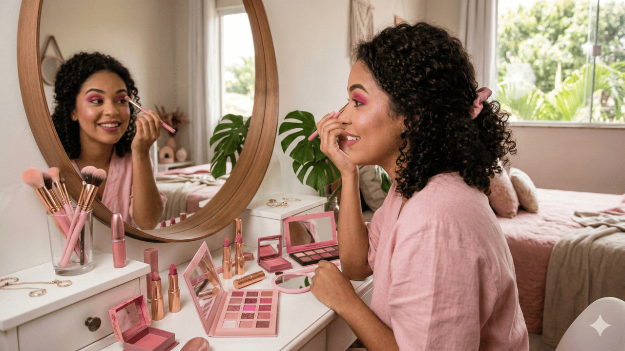 maquiagem monocromatica rosa para pele morena