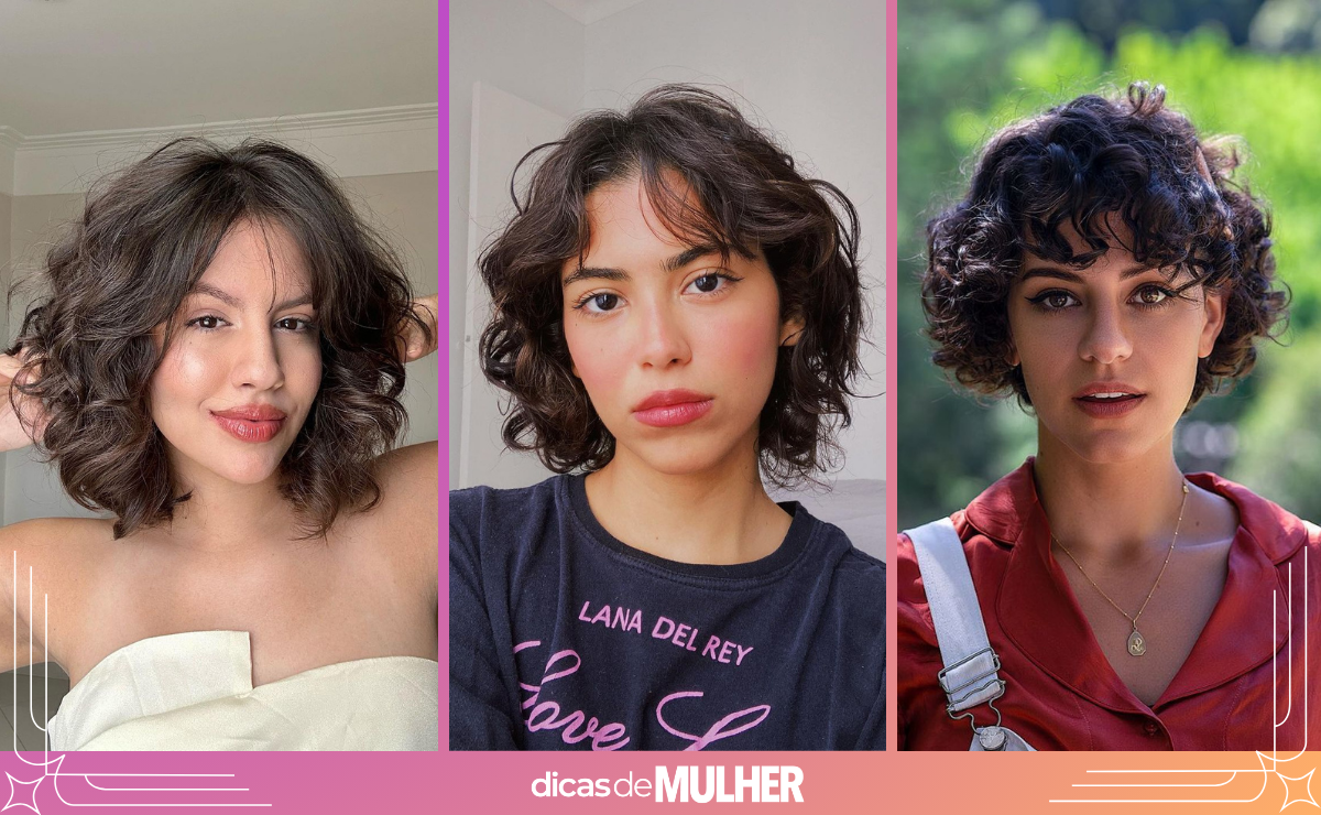 cabelo ondulado curto com franja