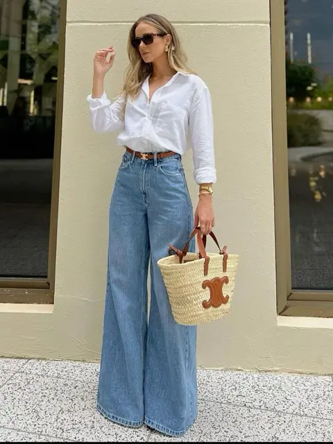 Calça jeans pantalona cintura média