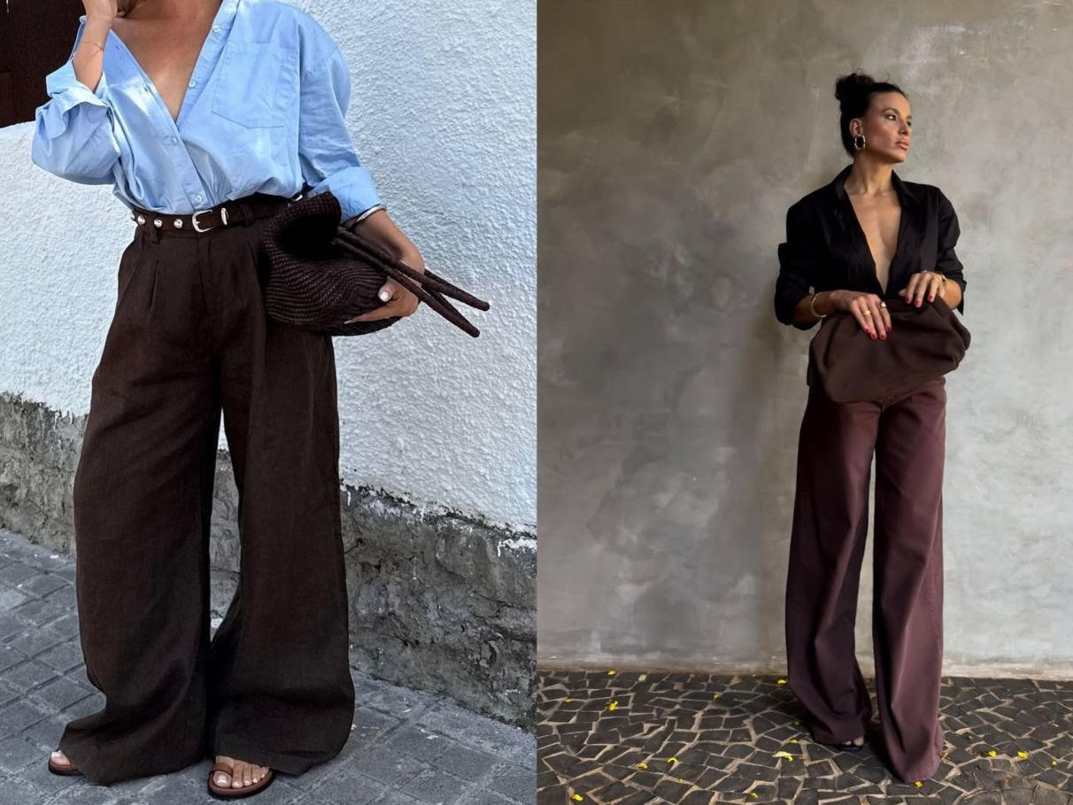 calça marrom e branco