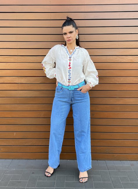 Calça wide leg jeans feminina