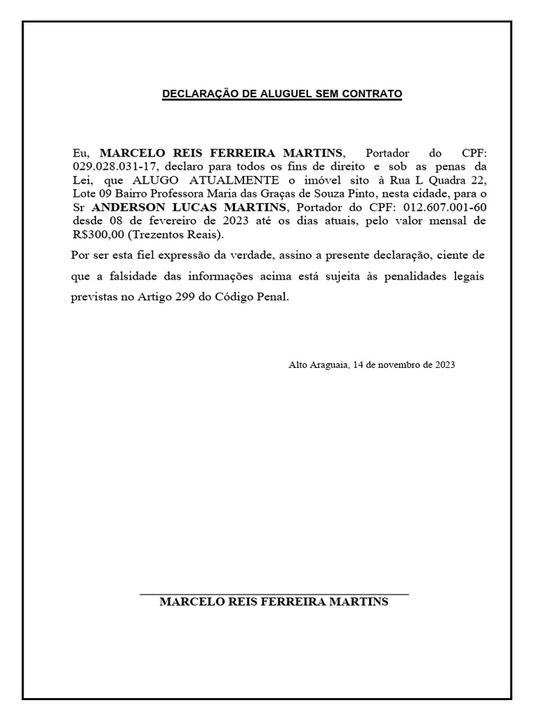 declaração de aluguel para comprovar endereço