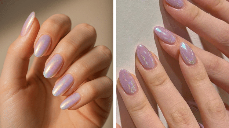 unhas naturais ou em gel com pó de borboleta
