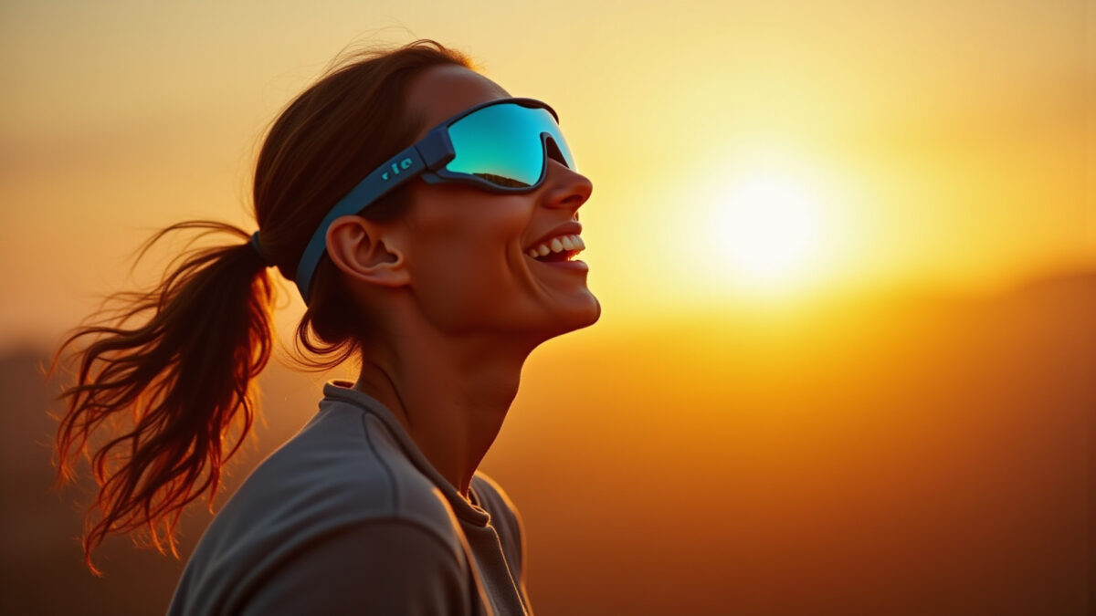 Óculos para Corredor: Lente, Armação e Fixação – O Que Realmente Importa? Corredor brasileiro usando óculos esportivos de alta tecnologia em trilha cênica.