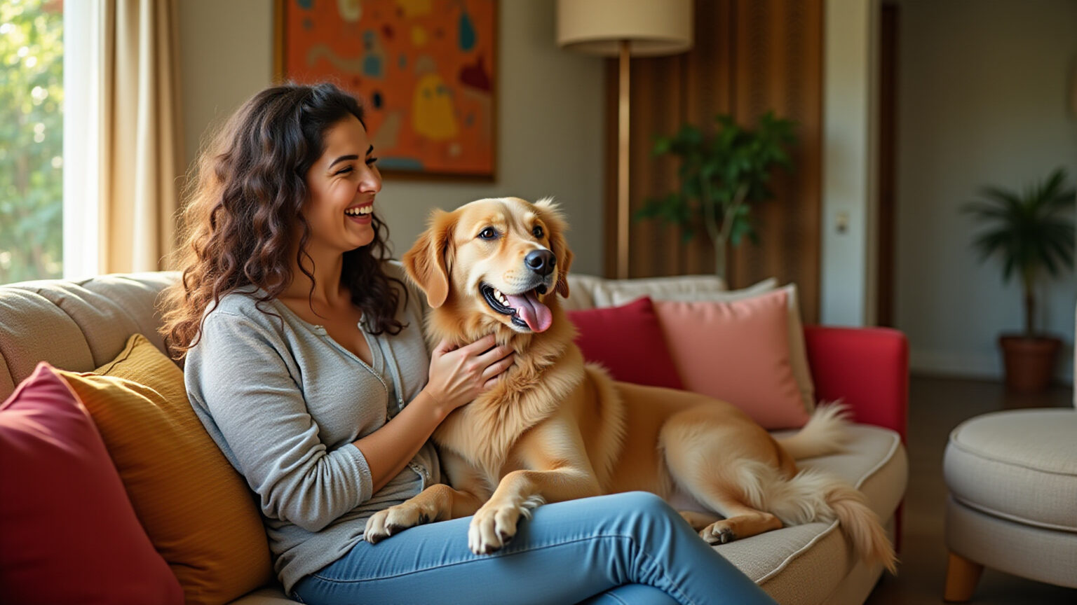 Mulher brasileira sorrindo com seu Golden Retriever em sala aconchegante.
