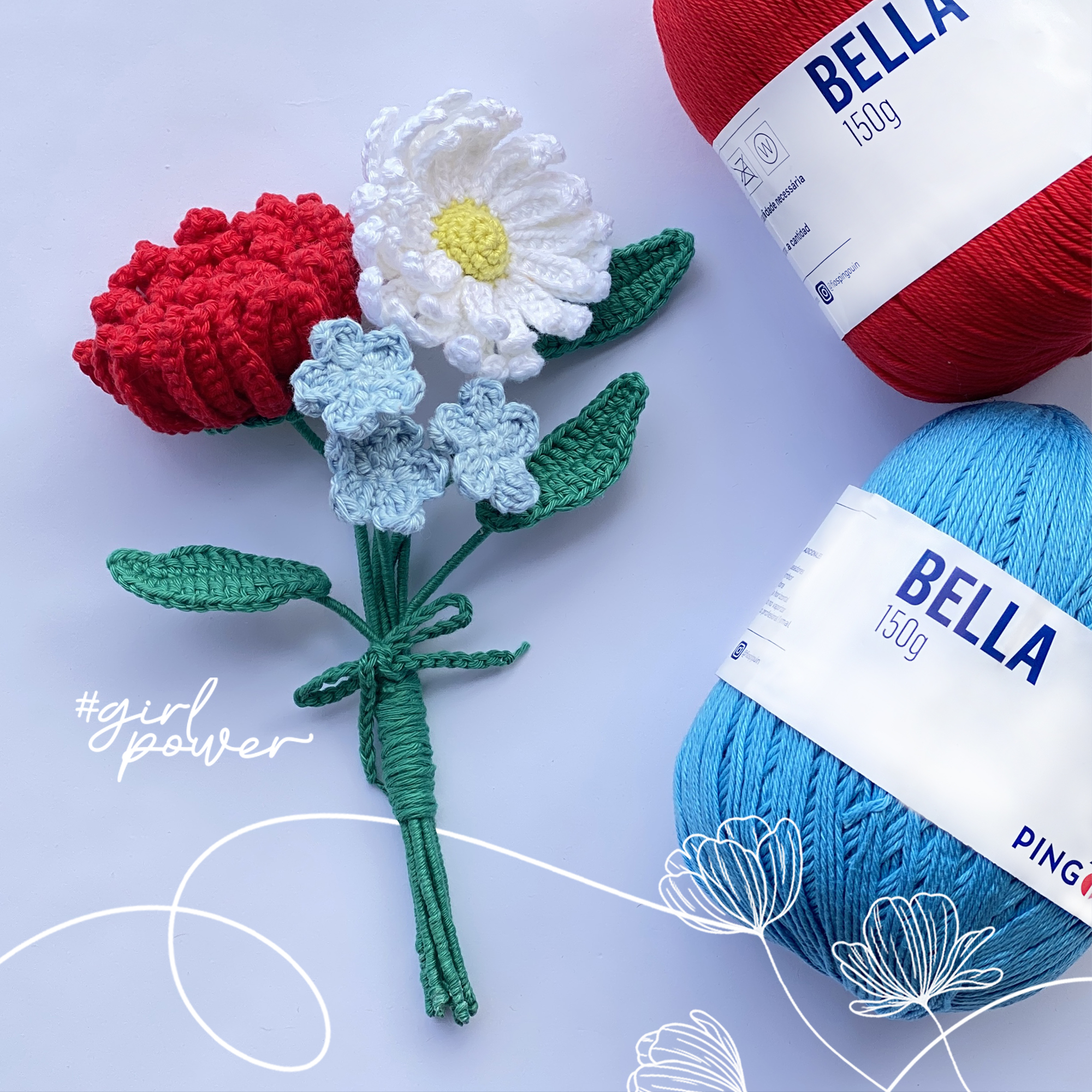 flor de crochê com folhas