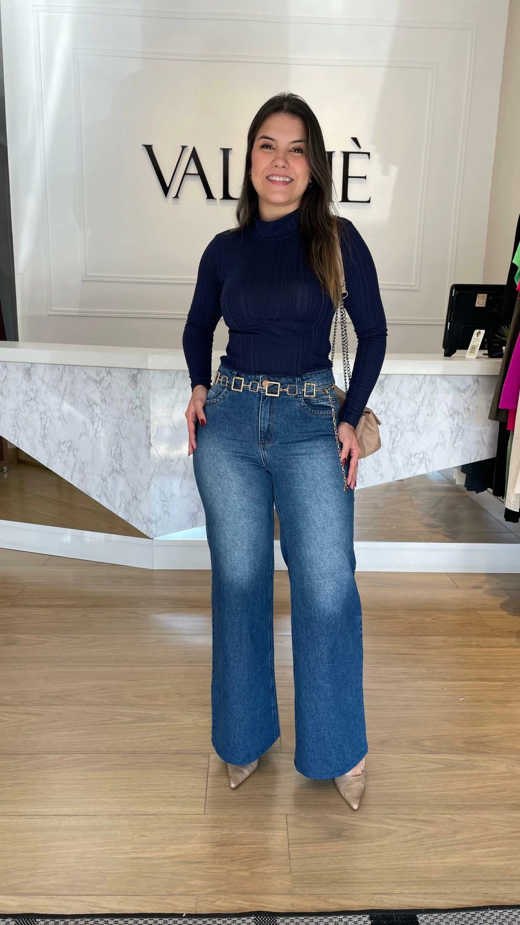 calça wide leg jeans looks trabalho