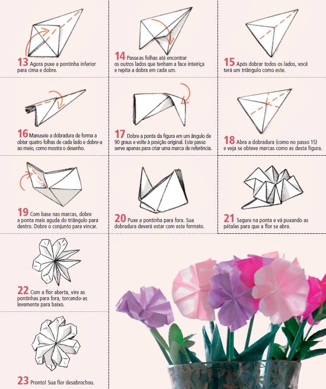 flores de origami com papel colorido