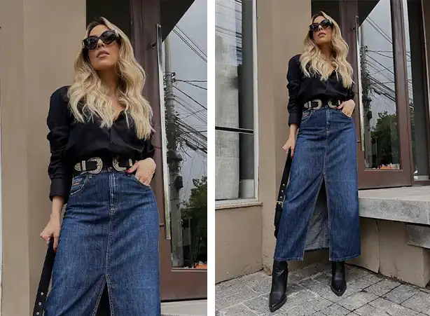 saia jeans longa com fenda