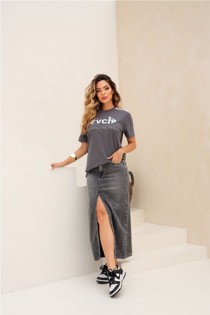 saia jeans longa com zíper