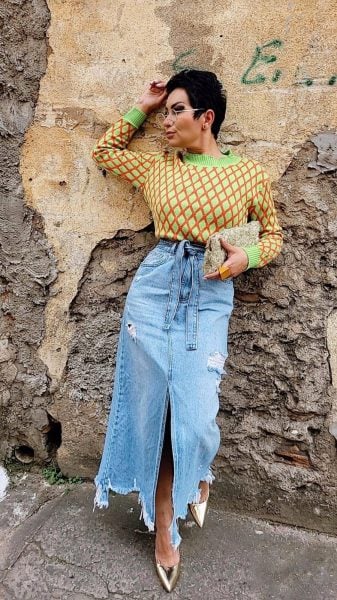 saia jeans longa com bolsos