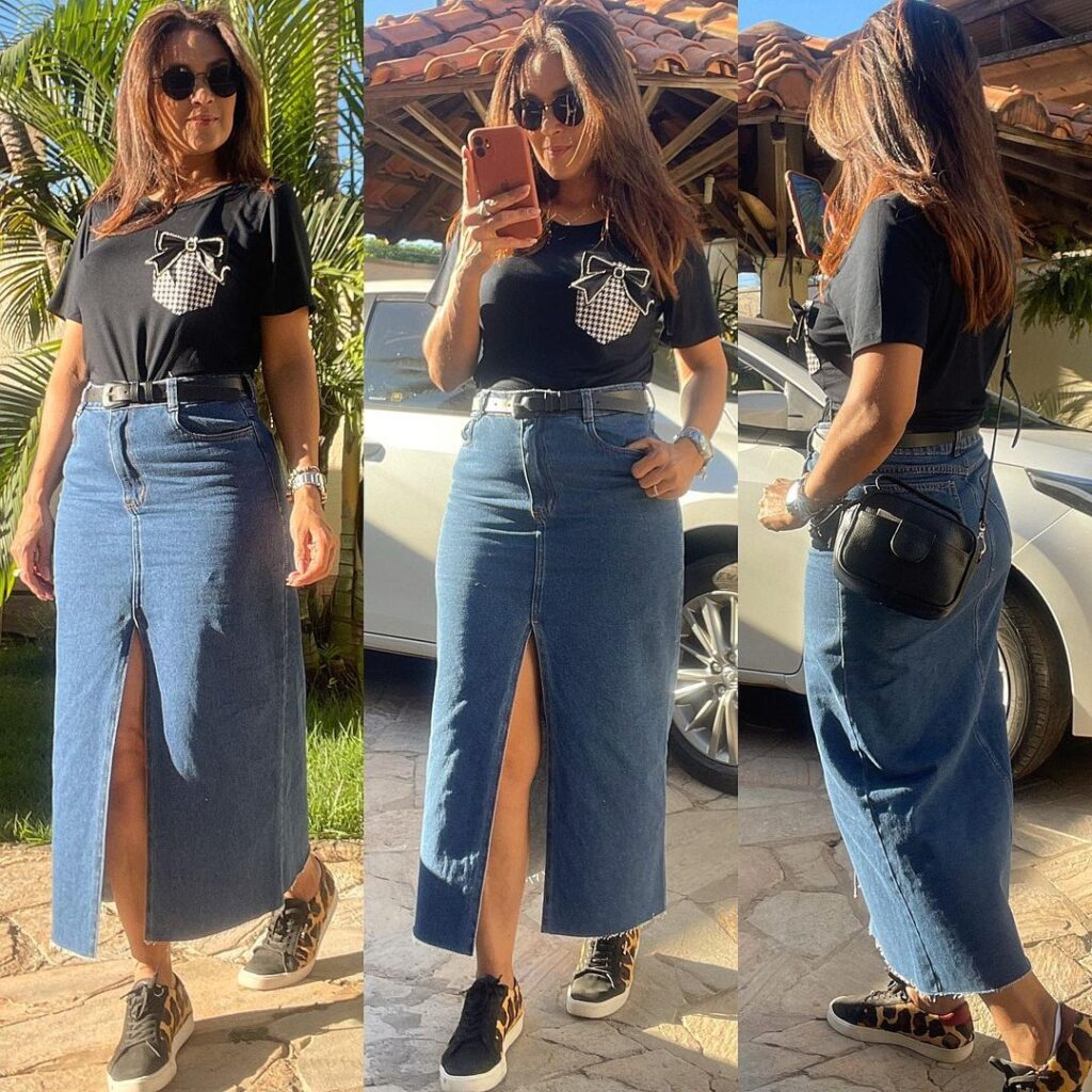 saia jeans longa para festa