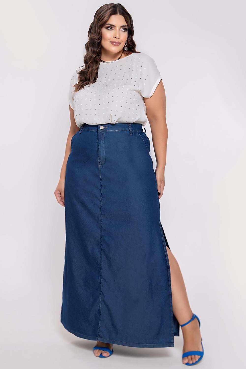 saia jeans longa para trabalho
