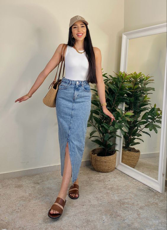 saia jeans longa para verão