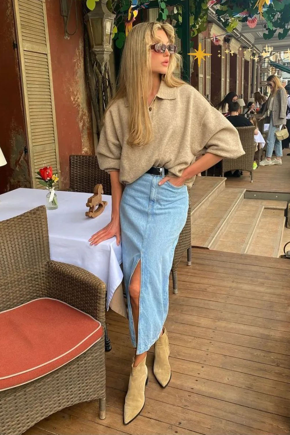 saia jeans longa evasê