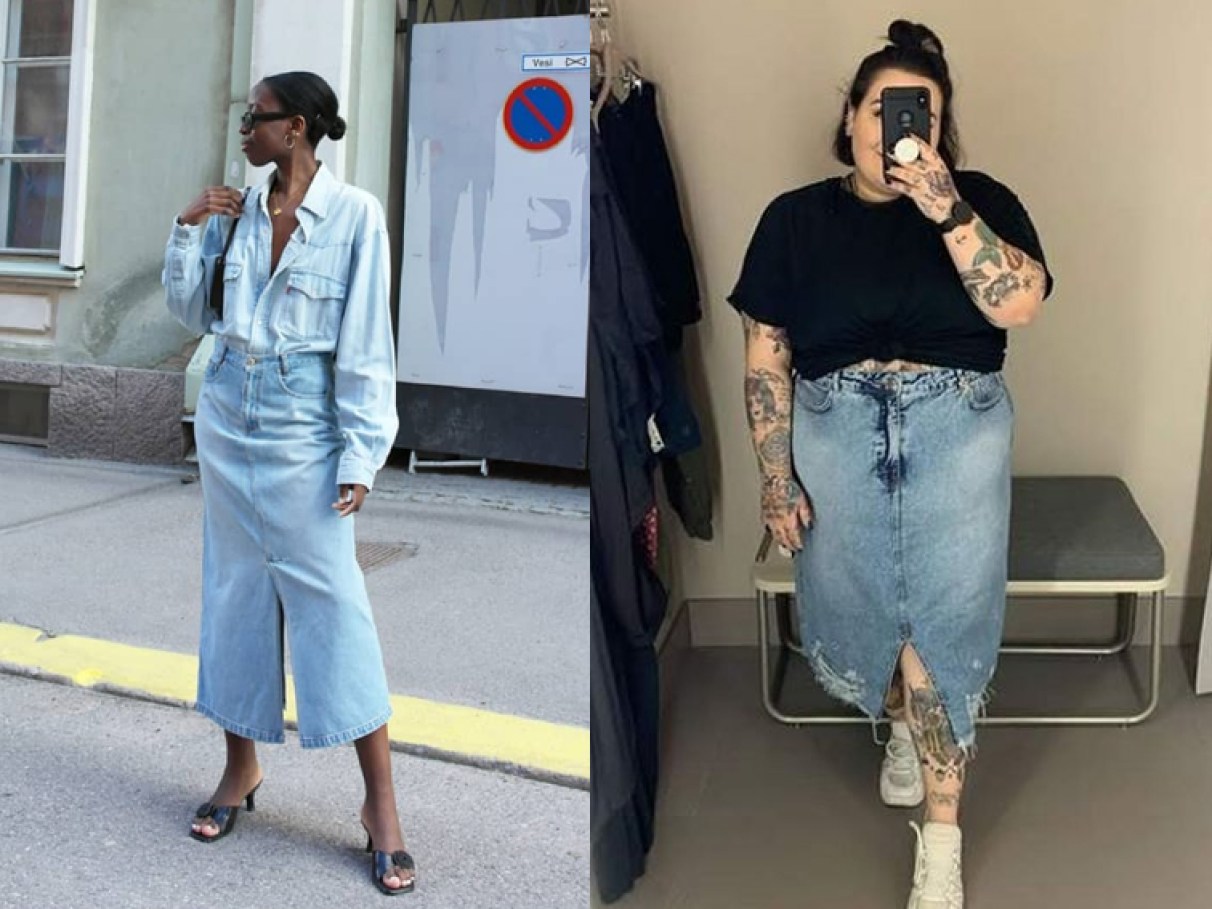 saia jeans longa colorida