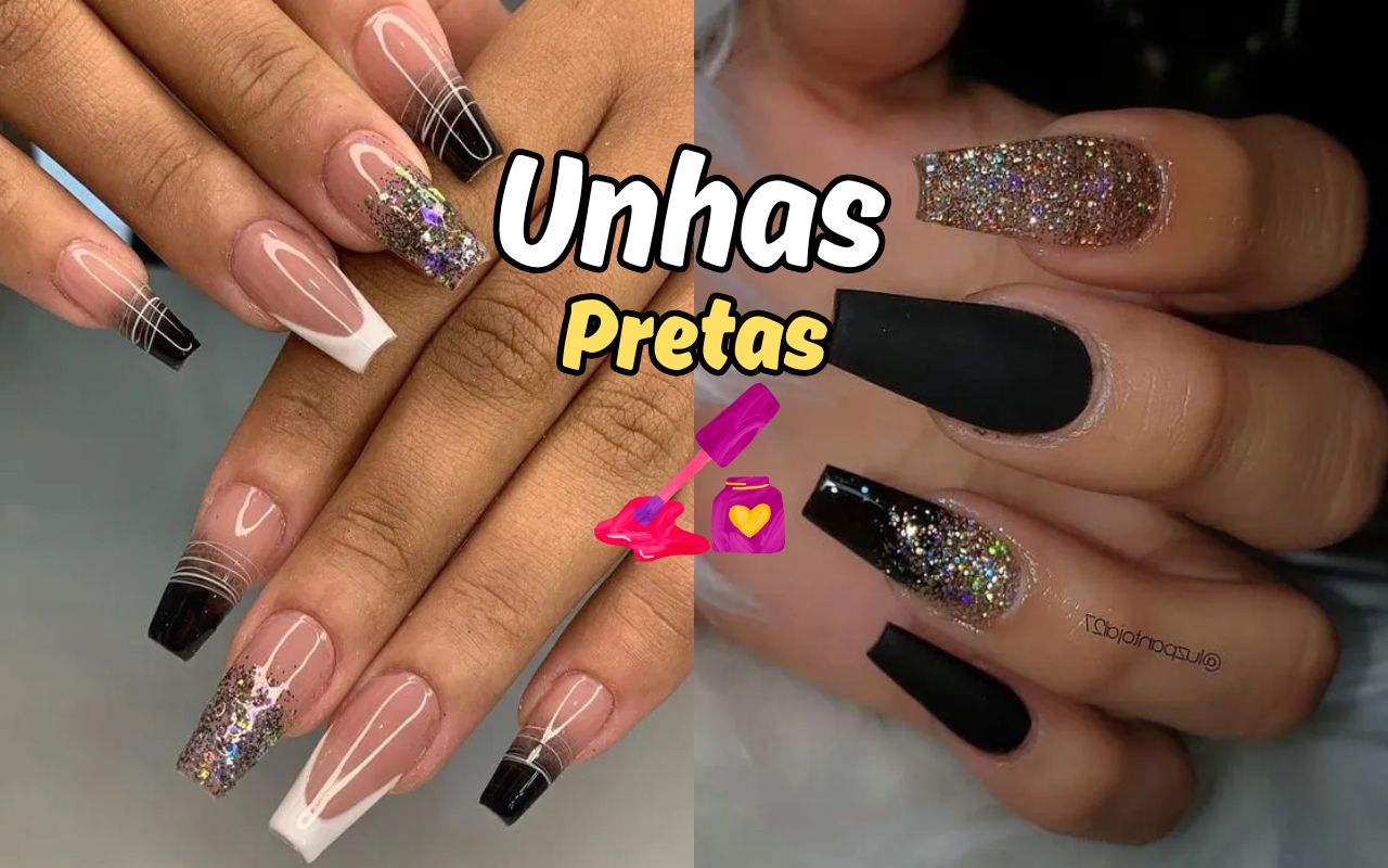 unha decorada preta com dourado