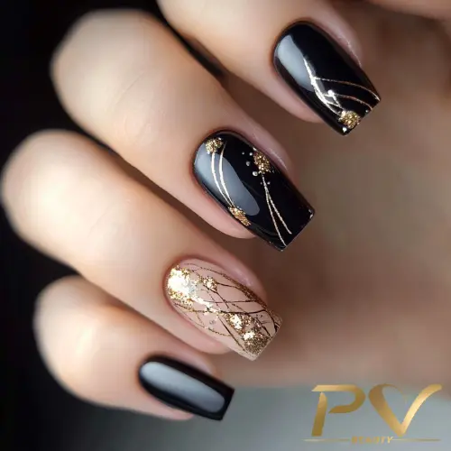 unha preta com glitter flocado