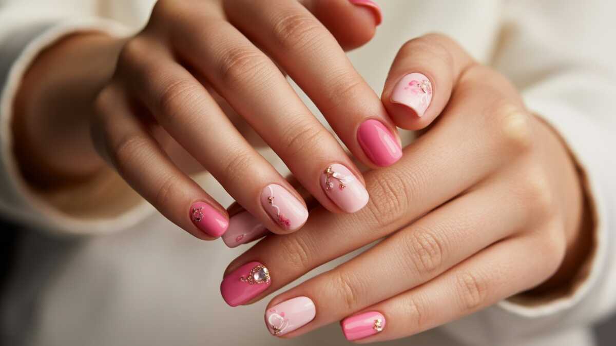 unhas decoradas rosa com francesinha