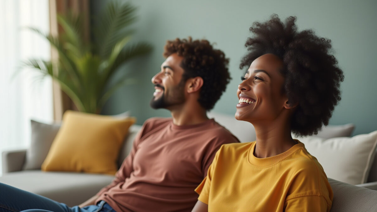 Plano de saúde sem carência para cirurgia: quando realmente vale a pena? Casal brasileiro sorrindo aliviado em sala moderna, simbolizando segurança em plano de saúde.