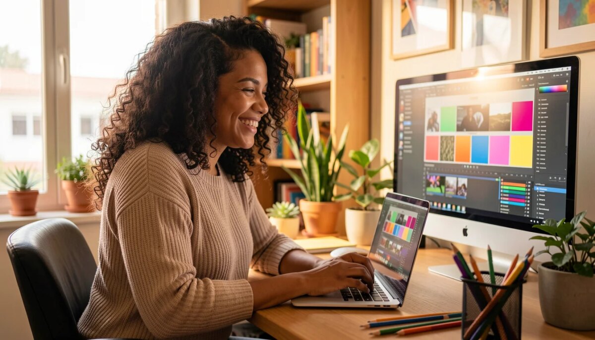 Mulher sorridente trabalhando em laptop em home office criativo