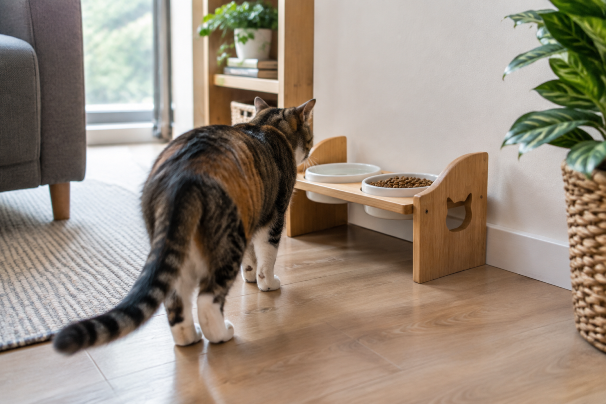 Após terremoto, tutor monta cantinho de alimentação para gata no térreo