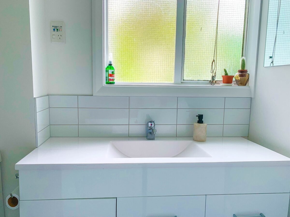 Splashback in a small bathroom renovation project in Wellington.