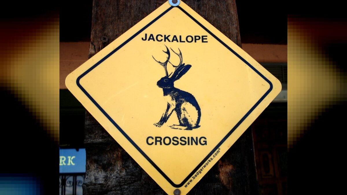 Plaque imitating a road sign warning of Jackalopes.