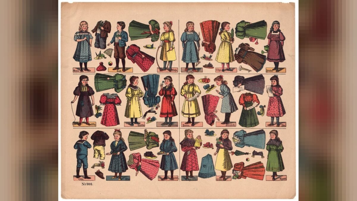 Der Einblattdruck "No. 900 der Firma Oehmigke & Riemschneider, hier als Vielfarb-Lithografie, ist ein Ausschneidebogen mit Ankleidepuppen. In sechs gl