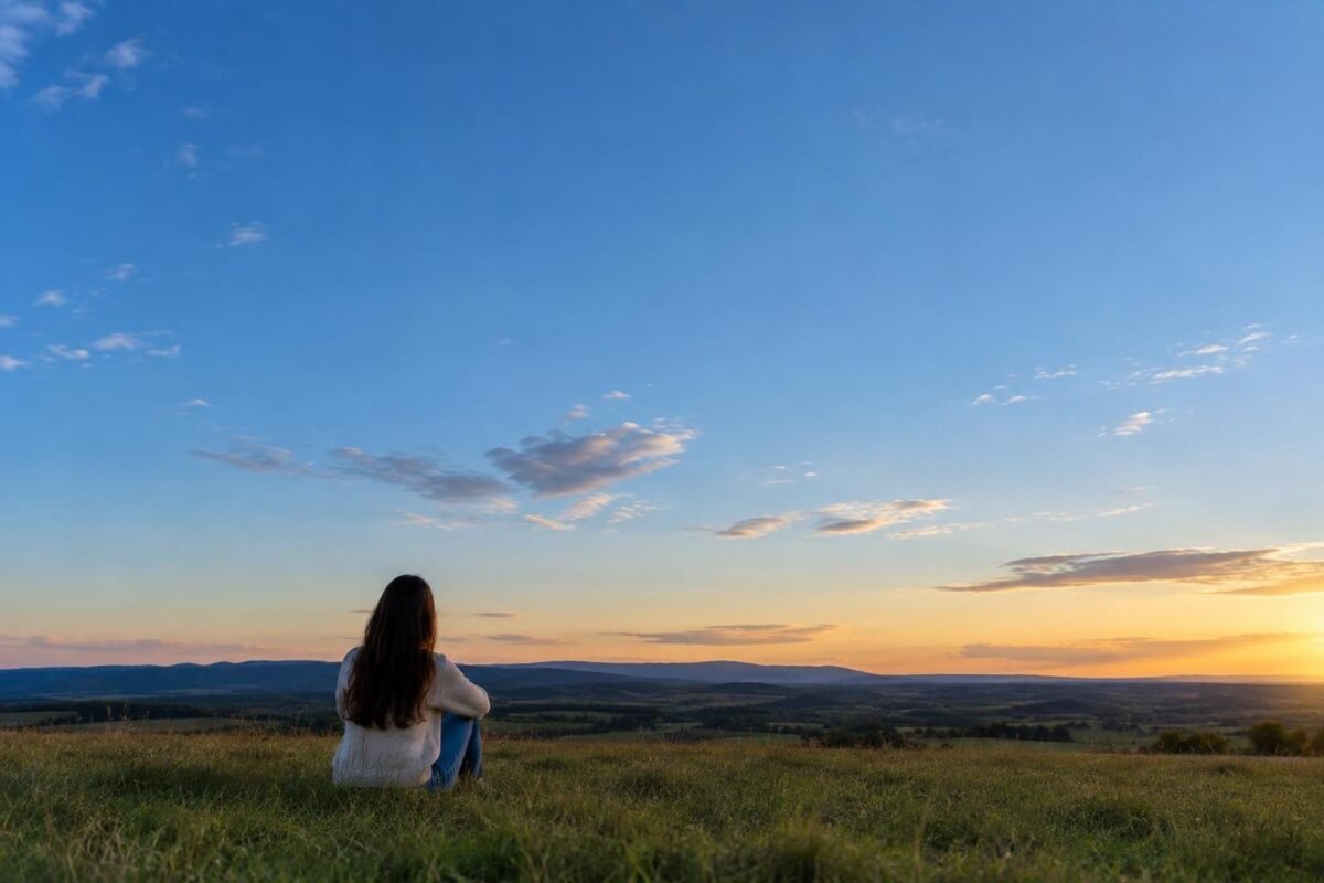 Mulher sentada na grama em um campo amplo ao entardecer, olhando para um céu azul com algumas nuvens dispersas e o sol próximo ao horizonte, com colinas ao fundo.