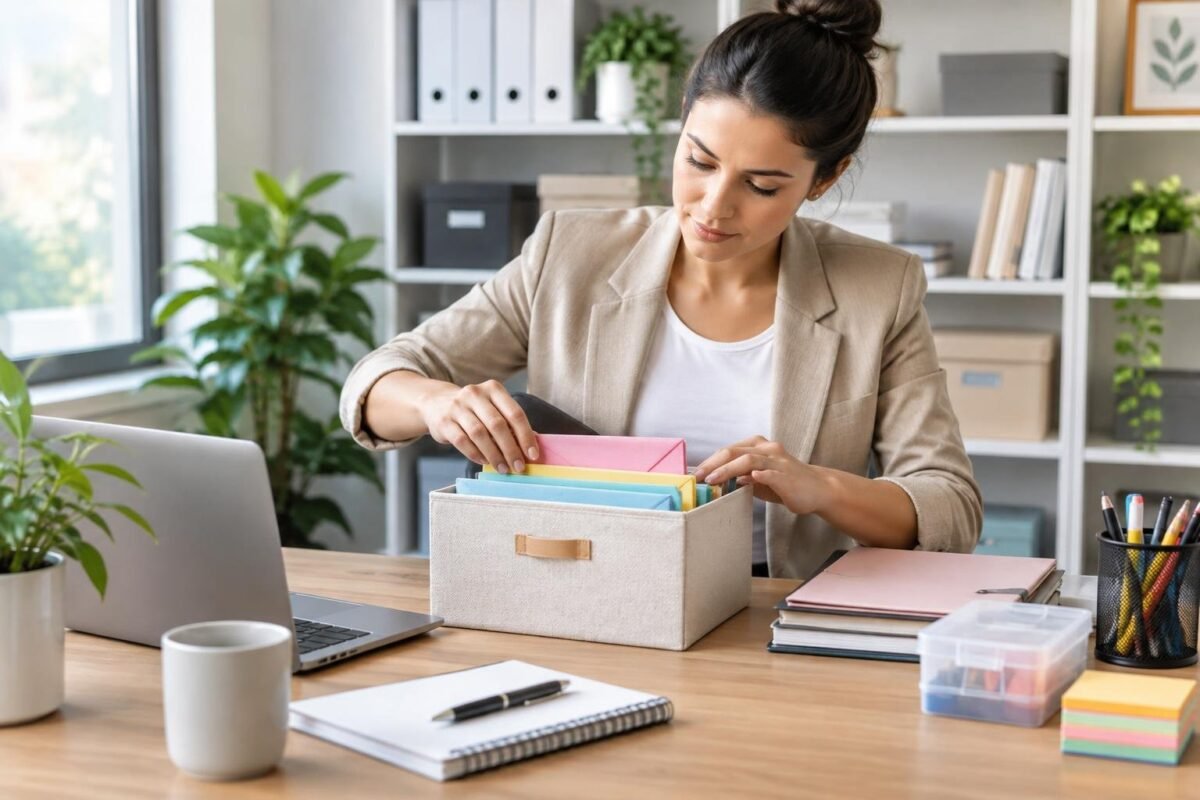 Mulher sentada à mesa de escritório organizando documentos coloridos dentro de uma caixa; ao redor há notebook, caderno, caneca, plantas e material de escritório.