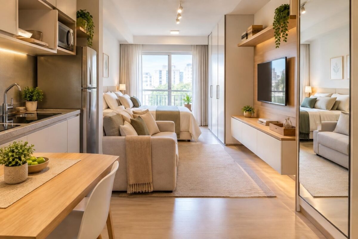 Quitinete moderna decorada com parede clara, sofá bege, cama ao fundo, armários brancos, uma televisão na parede e janela com cortinas translúcidas, iluminada por luz natural.