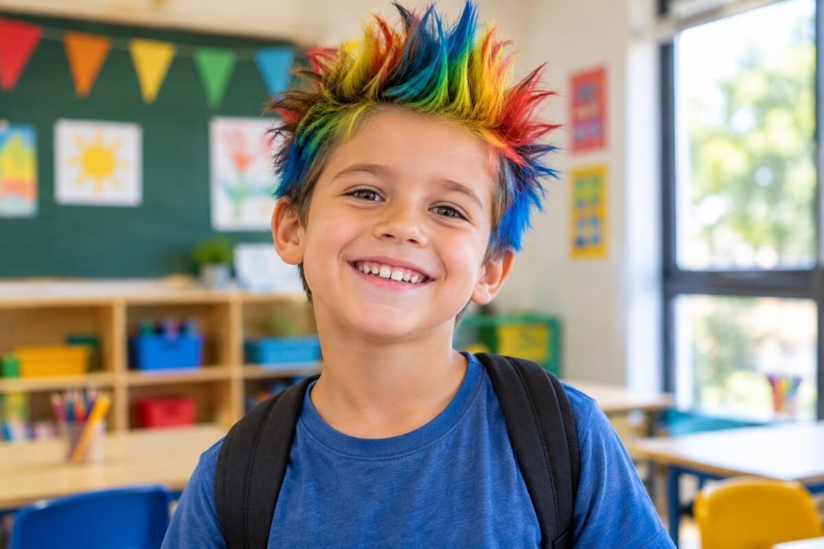 27 Ideias de Cabelo Maluco Menino Que Vão Fazer Seu Filho Brilhar Menino sorridente em sala de aula, com cabelo espetado e pintado em várias cores vibrantes, usando camiseta azul e mochila preta.