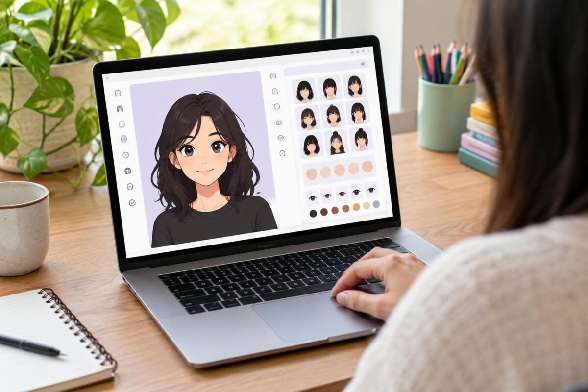 32 Ideias de Avatar Picrew que Vão Transformar Suas Redes Sociais Pessoa vista por trás usando um laptop em uma mesa de madeira, na tela há um programa de criação de avatar estilo anime com várias opções de personalização visíveis.