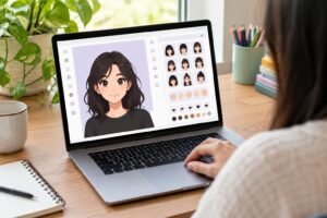 Pessoa vista por trás usando um laptop em uma mesa de madeira, na tela há um programa de criação de avatar estilo anime com várias opções de personalização visíveis.