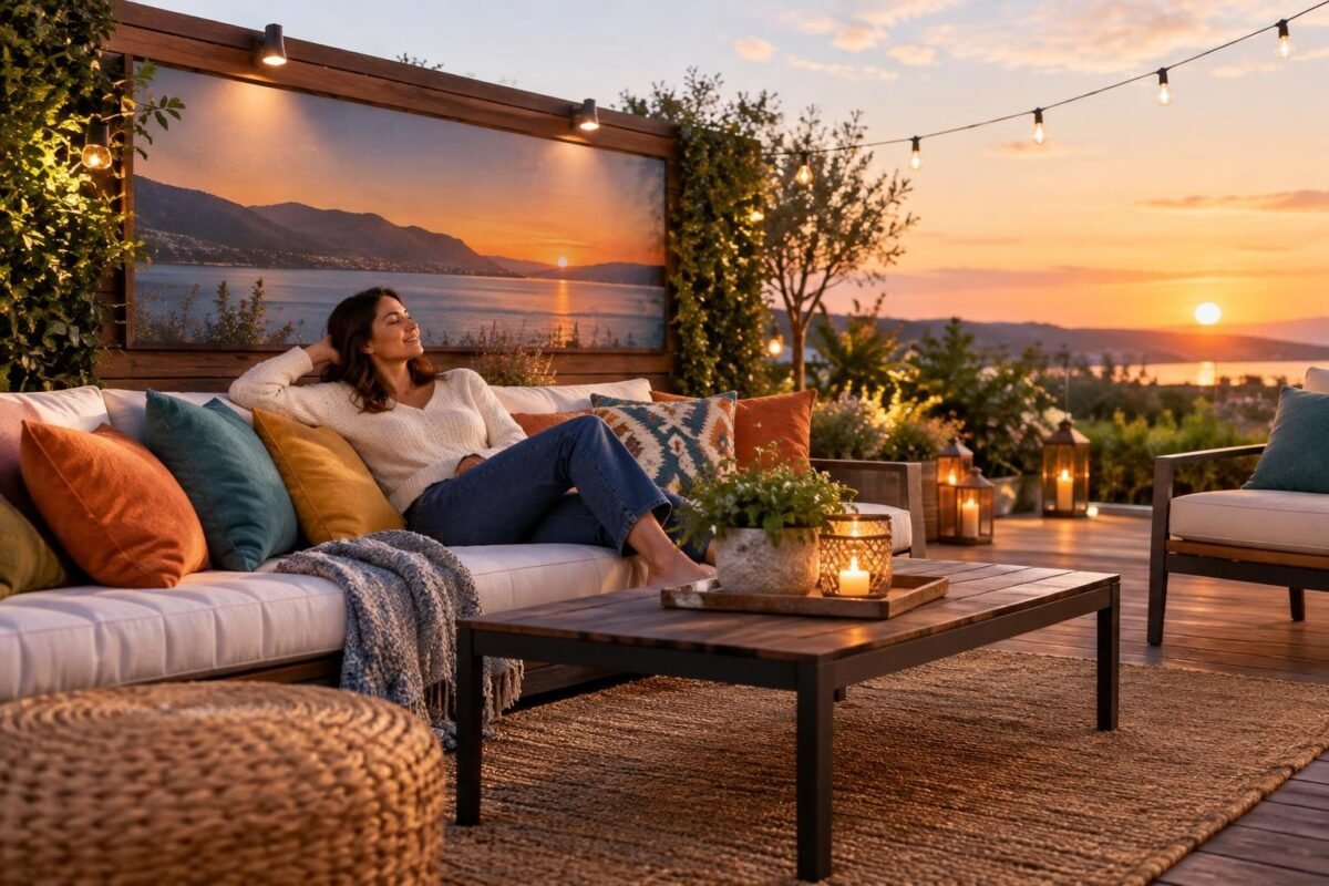 Mulher sentada relaxando em sofá branco decorado com almofadas coloridas em área externa ao entardecer, com mesa de centro de madeira, velas acesas e plantas ao redor, vista de paisagem com pôr do sol ao fundo.