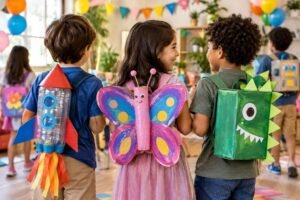 Crianças em festa infantil vestem mochilas artesanais coloridas: um foguete de plástico e papel, uma borboleta com asas coloridas, e um dinossauro verde com detalhes recortados, enquanto brincam em ambiente decorado com balões coloridos.
