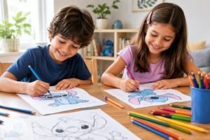 Duas crianças sentadas à mesa colorindo desenhos do personagem Stitch. Ao redor delas, há vários lápis de cor sobre a mesa. Ambos sorriem enquanto colorem, transmitindo diversão e concentração.