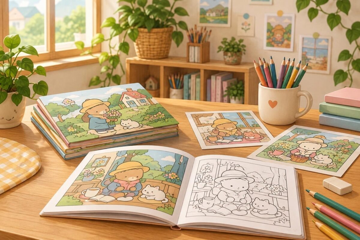 5 Ideias de Inspiração Bobbie Goods Que Vão Virar Sua Aula de Ilustração Mesa de madeira clara com livros de colorir da Bobbie Goods abertos e fechados, lápis de cor, borracha, caneca com lápis, plantas e quadros pequenos ao fundo, tudo em ambiente iluminado com luz natural transmitindo aconchego.