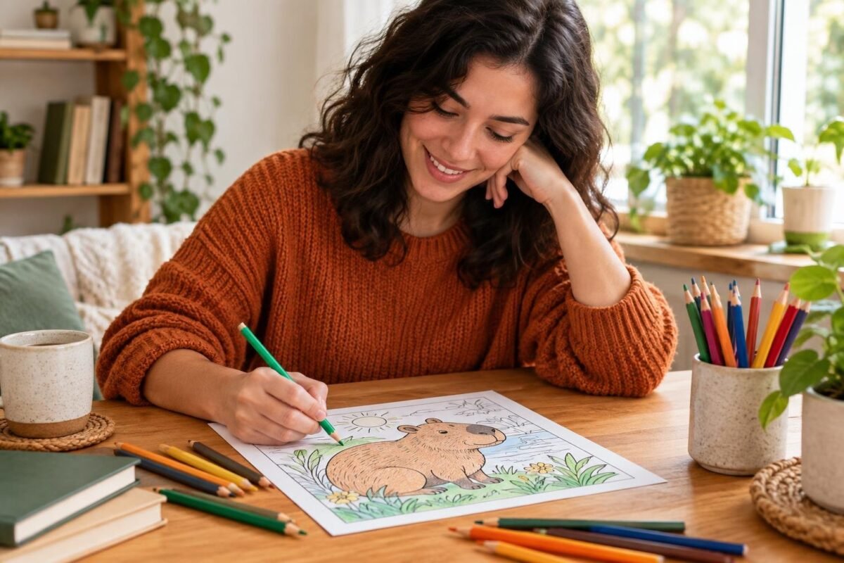 Mulher sorridente usa lápis verde para colorir desenho de capivara em papel sobre mesa de madeira, com lápis de cor e plantas ao redor.
