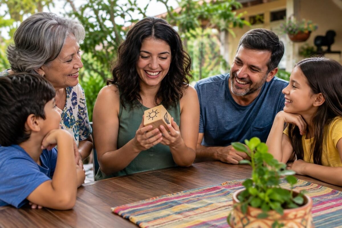 O que que é que une gerações e turbina o cérebro sem parecer lição Uma família com uma senhora idosa, uma mulher adulta, um homem adulto e duas crianças sentados ao redor de uma mesa de madeira, sorrindo e focados em um objeto de madeira que a mulher adulta segura, em um ambiente externo com plantas ao fundo.