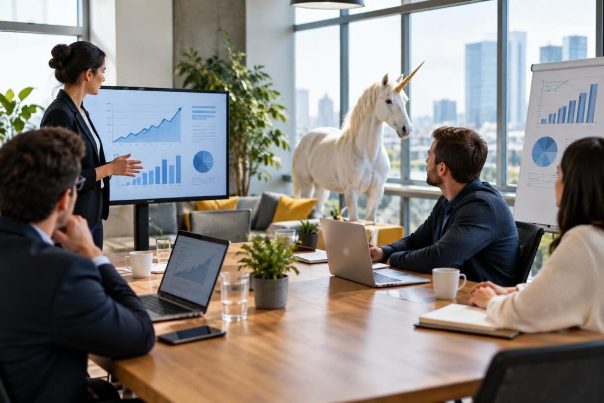 Como uma empresa nova chega ao clube do bilhão de dólares Foto de sala de reuniões moderna com quatro pessoas ao redor de mesa, olhando para uma mulher que apresenta gráficos em tela. Na sala também há uma figura realista de um unicórnio branco com chifre dourado.