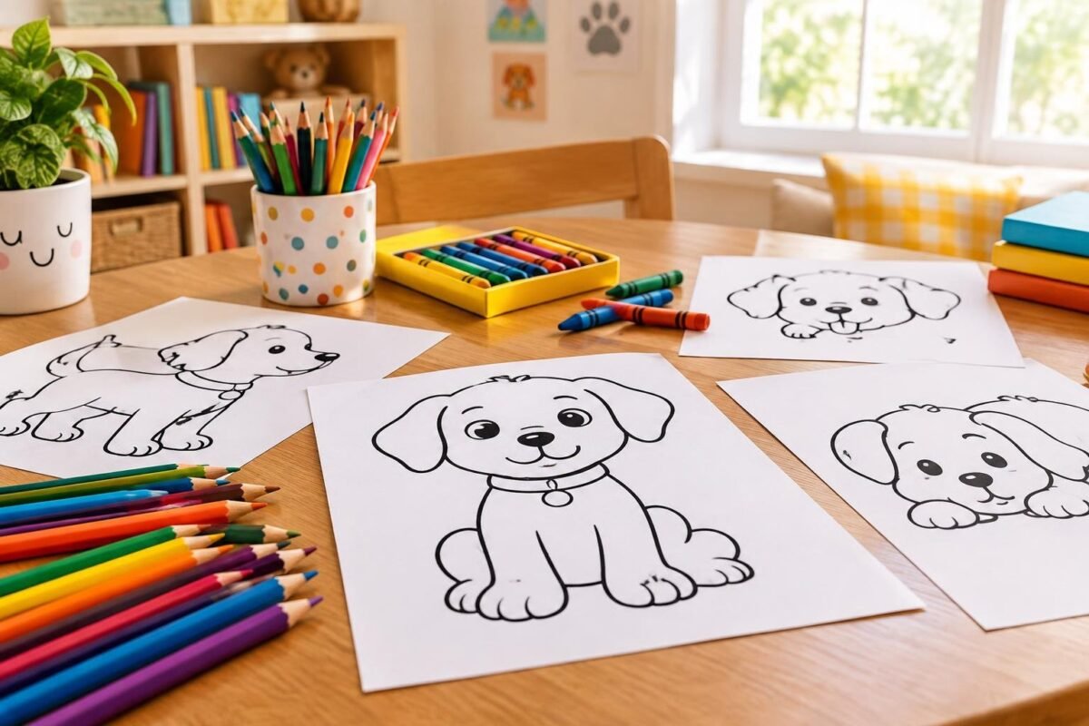 Mesa com quatro desenhos simples em preto e branco de cachorros para colorir. Ao redor dos desenhos há lápis de cor e giz de cera sobre a mesa de madeira clara em um ambiente iluminado.