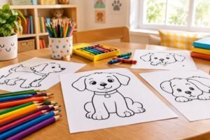 Mesa com quatro desenhos simples em preto e branco de cachorros para colorir. Ao redor dos desenhos há lápis de cor e giz de cera sobre a mesa de madeira clara em um ambiente iluminado.