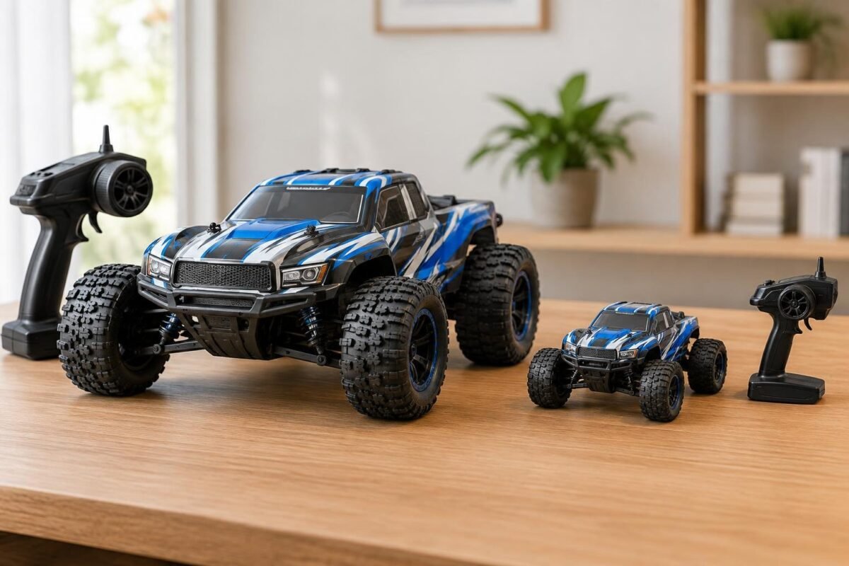 Dois carros de controle remoto azuis e pretos sobre uma mesa de madeira clara, um modelo grande com controle grande e um modelo pequeno com controle menor, ao fundo há plantas e livros desfocados.