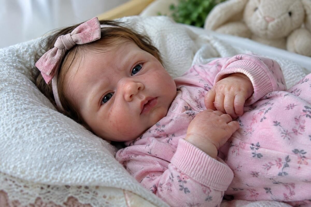 Boneca bebê reborn realista vestida com roupa rosa estampada deitada sobre superfície macia branca, com laço rosa na cabeça e brinquedo de pelúcia ao fundo.