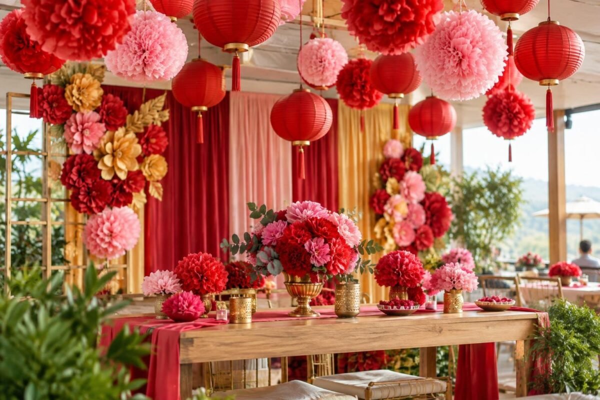Mesa de festa decorada com arranjos florais em vermelho, rosa e dourado feitos em papel crepom, ao redor pendem lanternas vermelhas e pompons de papel nas mesmas cores, com fundo com cortinas douradas e vermelhas e plantas ao redor.
