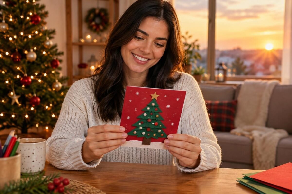 Mulher sorridente segurando um cartão de Natal vermelho decorado com uma árvore de Natal, sentada em uma mesa de madeira, com uma árvore de Natal decorada e luzes ao fundo em uma sala aconchegante ao entardecer.