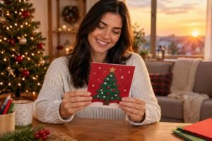 Mulher sorridente segurando um cartão de Natal vermelho decorado com uma árvore de Natal, sentada em uma mesa de madeira, com uma árvore de Natal decorada e luzes ao fundo em uma sala aconchegante ao entardecer.
